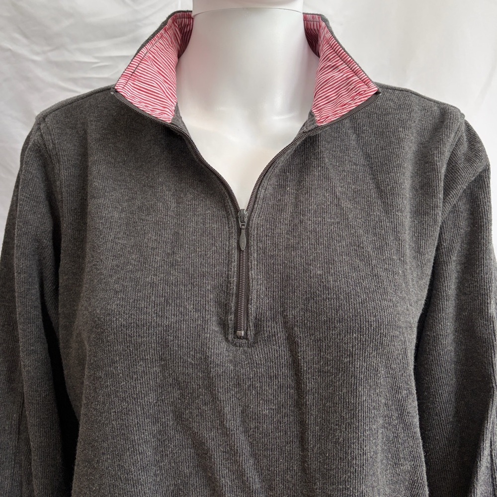 Orvis Gray Half-Zip Sweatshirt with Pink Striped Collar